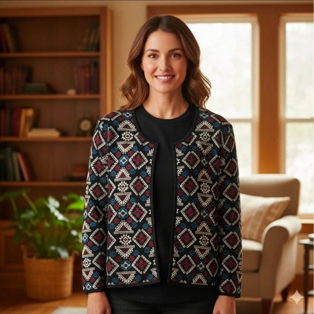 Roamans Open Jacket 14W Multicolor Artsy Southwestern Geometric Tapestry Boho